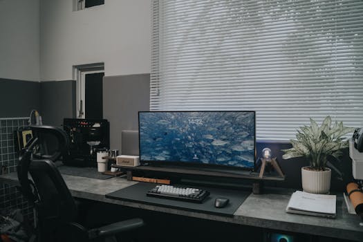 an ergonomic workspace with plants and good lighting